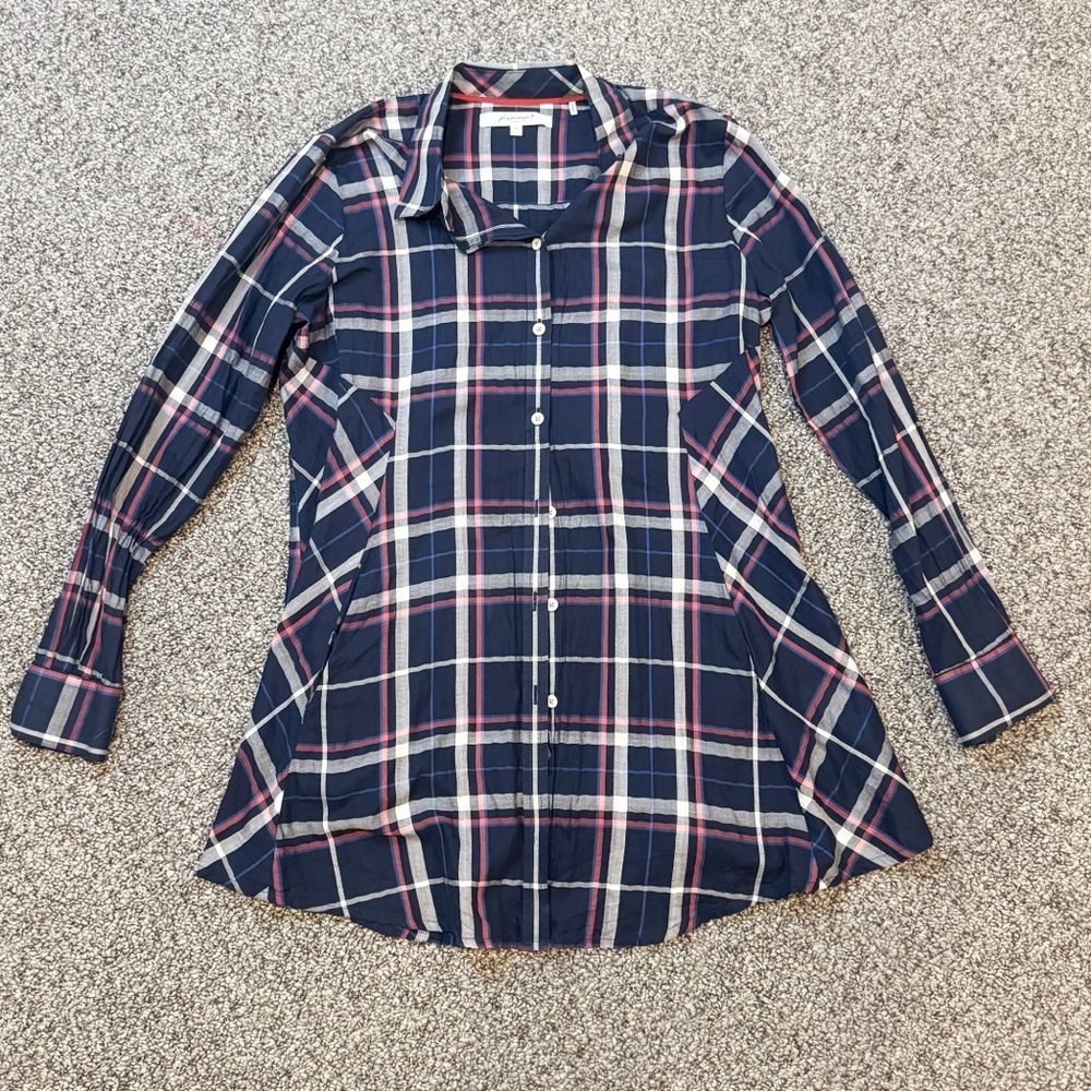 Foxcroft Navy and Red Plaid Button-Down Shirt/ Tunic/ short dress - Picture 3 of 7